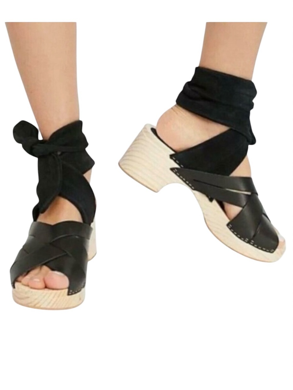 Free People Emmy Black Leather Strappy Wrap Wooden Clog Sandals
